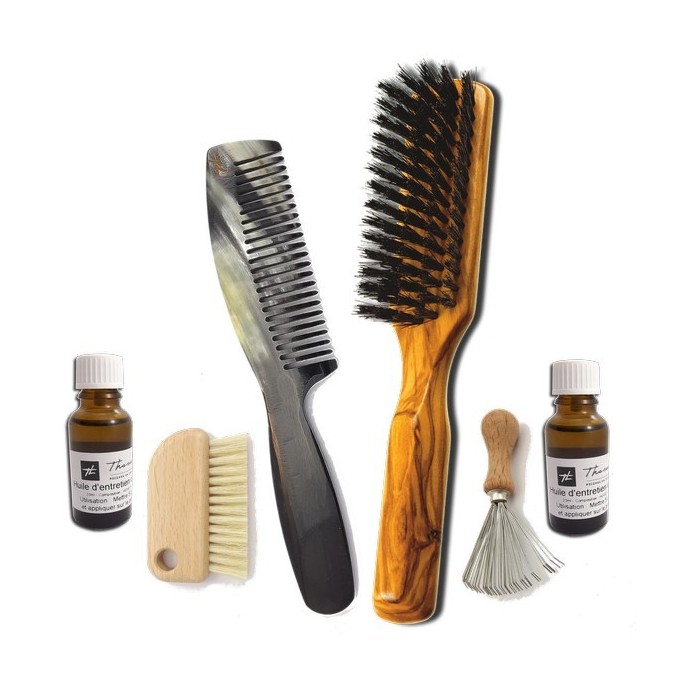 Combined(++) "half-long" horn comb & boar bristle brush